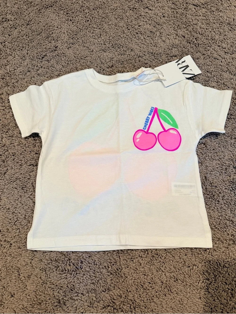 Zara White Tee with Neon Pink Cherry Graphic